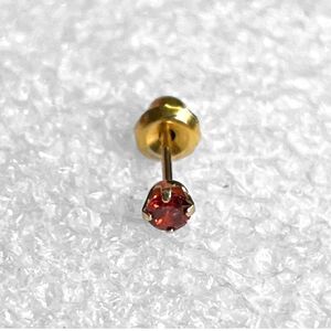 14K Yellow Gold Earring One Single Piercing Stud 3mm Red Stone Safety Bell Back